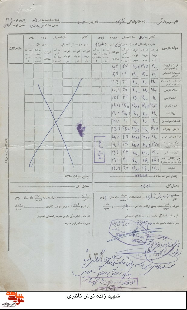 اسناد تحصیلی به جا مانده از شهید «زنده نوش ناظری»